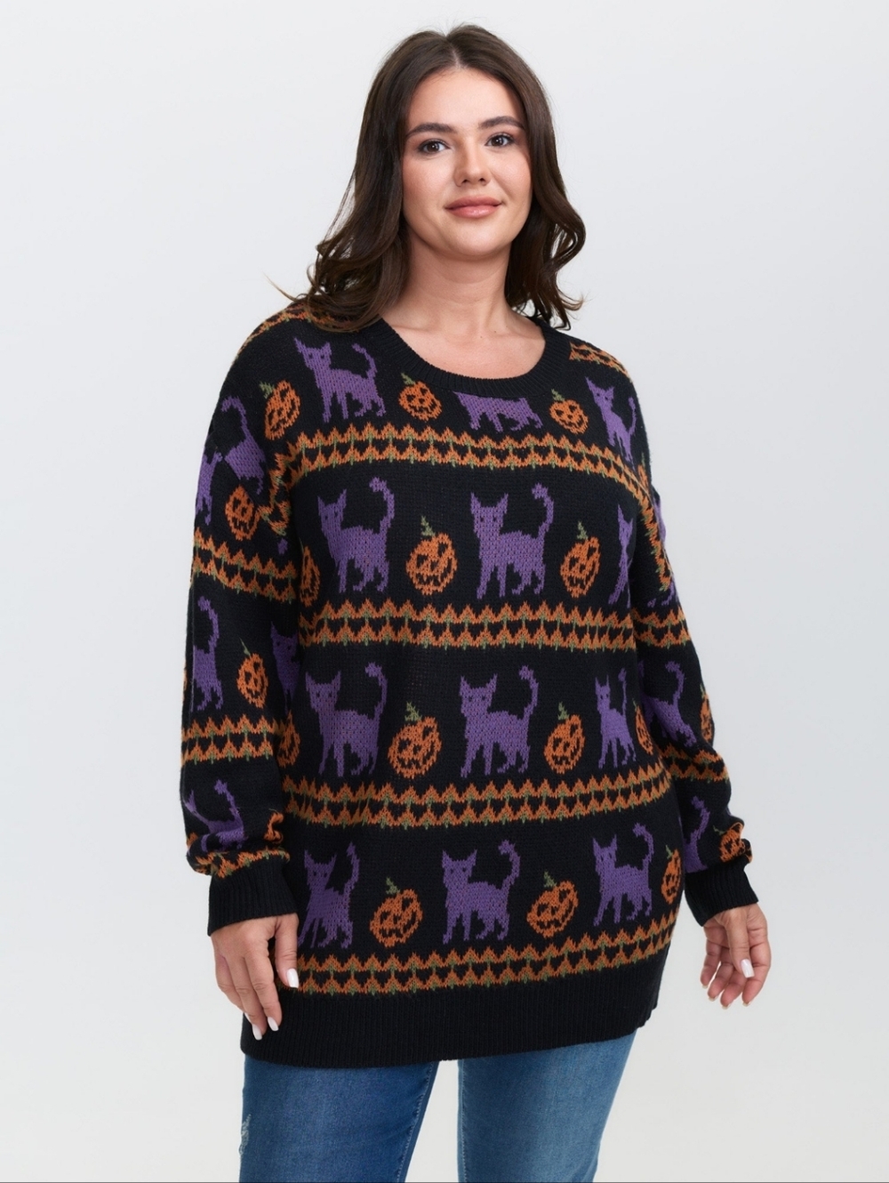 BloomChic Halloween Sweater with Purple Cats and Orange Pumpkins Sz 26w